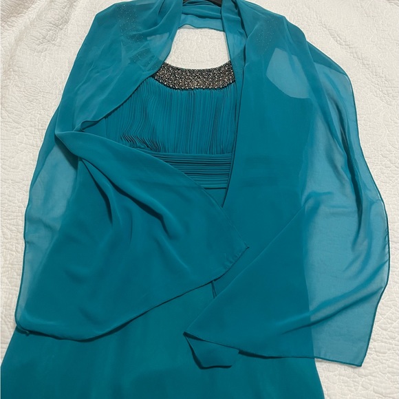 Beaded embellished necklace teal party dress, worn once, sleeveless Size L - Picture 9 of 10